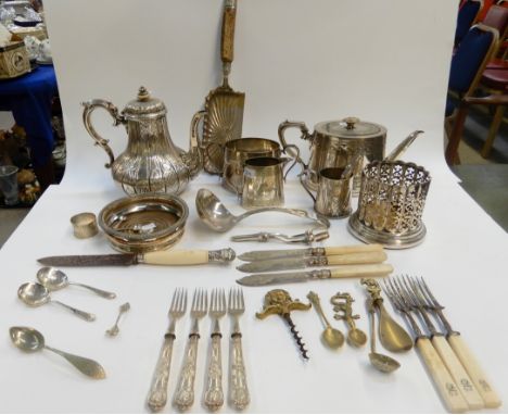 A tray lot of EP - coffee pot, wine coaster, three piece tea service, loose cutlery etc Condition Report: Available upon requ