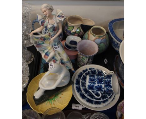 A Goebel Art Deco figure of a Lady (slight def), a Poole vase decorated with blue flowers, Rorstrand teawares, Carlton Ware e