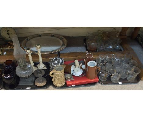 A pair of overpainted candlesticks, glass paraffin lamp, pair of glass shades, large tree and well platter, assorted glasswar