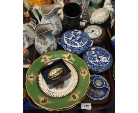 Two Willow pattern bowls and covers, oak cased barometer, two Victorian jugs, French egg shaped trinket box, Wedgwood candles