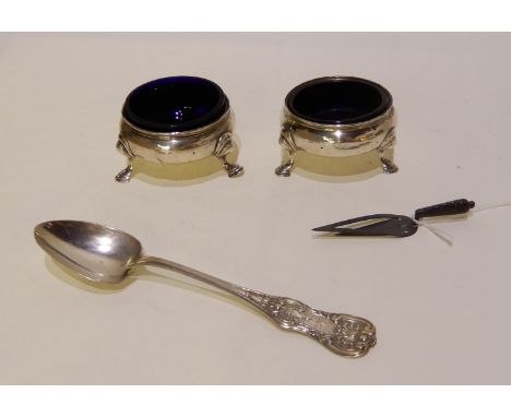A lot comprising a pair of silver salts, London marks, a silver teaspoon, Glasgow 1848 and a bookmark modelled as a trowel, r