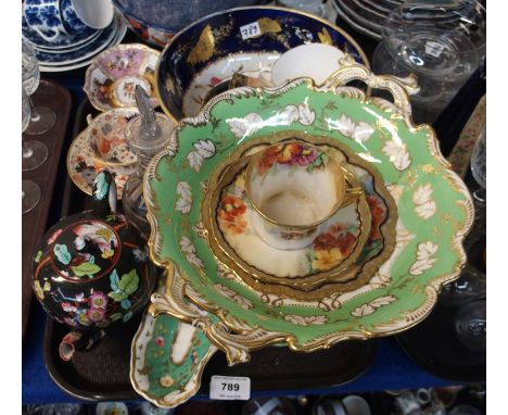 A Nautilus porcelain trio, 19th Century pedestal dish, ring necked decanter, Royal Worcester Roanoke cup and saucer etc Condi