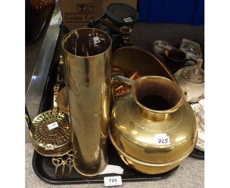 Assorted brassware including shell casing, set of scales and weights, Chestnut roaster, jug etc Condition Report: Not availab