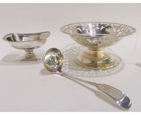 A lot comprising a silver bon bon dish by MacKay &amp; Chisholm, Edinburgh 1907, 15cm diameter, a silver plated sauce ladle a
