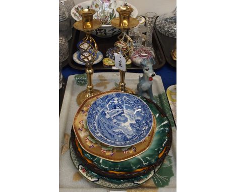 A Wade blow-up figure of Tramp, pair of brass candlesticks, Spode Italian dish and various plates Condition Report: Available