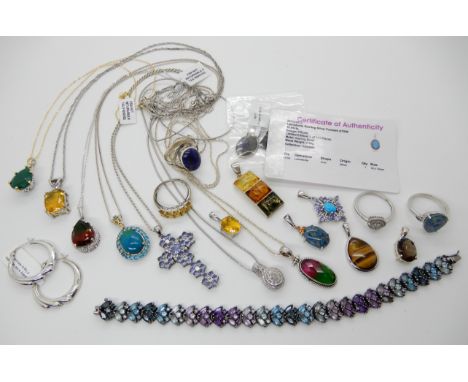 A collection of silver gem set jewellery to include, a silver diamond set pendant and ring, opal mosaic ring and pendant etc 