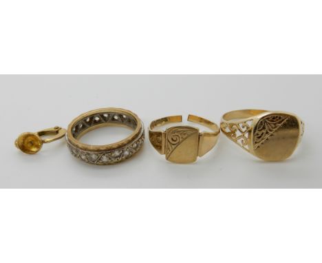 A 9ct signet ring size U, 9ct gem set eternity ring size M1/2, a 9ct signet ring (af) and a single 9ct earring combined weigh