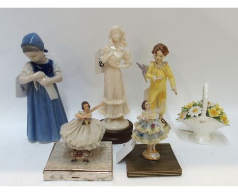 A Royal Worcester figure The Parakeet, Copenhagen figure of a girl with doll, two Dresden lace figures etc (6) Condition Repo