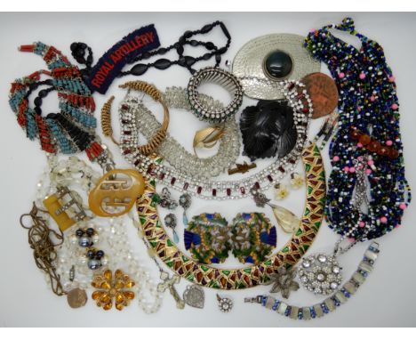 A collection of vintage costume jewellery to include, an enamelled thistle buckle, a Swarovski enamelled collar and other ite