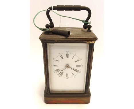 A brass cased carriage clock, white enamel dial (cracked), 12.5cm high (def) Condition Report: Available upon request
