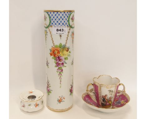 A Dresden cylindrical vase decorated with flowers, 28.5cm high, a two-handled cup and saucers, painted with courting couples 