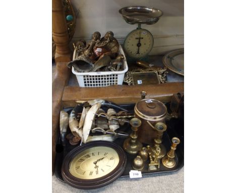 Various brassware including candlesticks, photograph frames, candelabrum, set of Salter scales, horn ship models etc Conditio