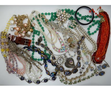 A collection of vintage costume jewellery to include, a EPNS chatelaine, a Miracle necklace, millefiori beads and other items