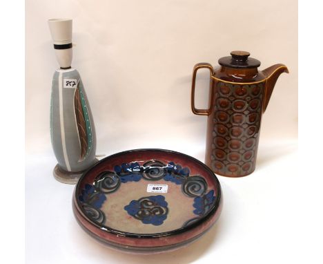 A Danish pottery bowl, 25cm wide, a Hornsea coffee pot and a vintage pottery table lamp (3) Condition Report: Available upon 