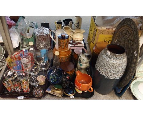 Vintage Babycham glasses, retro glasses in red wire stand, Hornsea storage jars, soda stream bottles, lady's powder compacts,