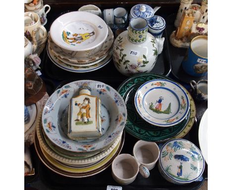 A collection of French and other tin glazed ceramics including tea caddy, plates, bowls, vase etc (some def) Condition Report