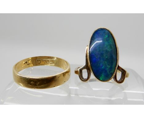 A 9ct gold opal triplet ring, size approximately J, weight 3gms, together with an 18ct gold wedding ring, size R, weight 2.3g