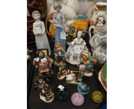 Two Royal Doulton figures Diana HN2468, The Foaming Quart HN2162, four glass paperweights, two Nao figures, Hummel and Friede