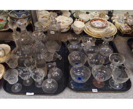 Assorted glassware including Deco pink glass dolphin candlestick, pair of decanters and others, sundae dishes, Scottish glass