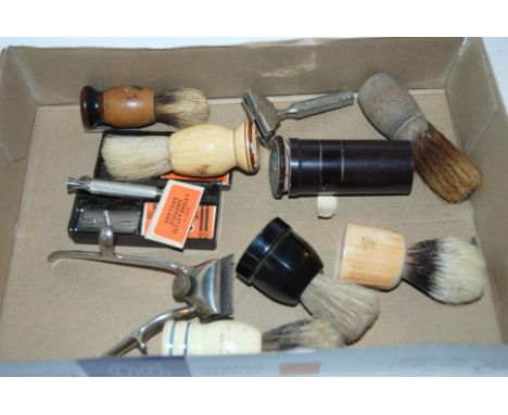 A collection of vintage shaving items including brushes etc Condition Report: Available upon request