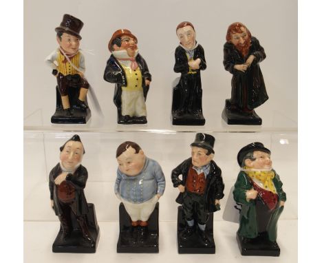 Eight Royal Doulton Dicken characters figures including Captain Cuttle, Uriah Heep, Fagin, Tony Weller, Bill Sikes, Pecksniff