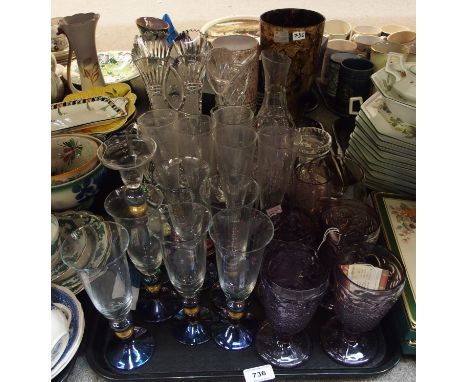 Various modern glass and crystal including champagne fluted, vases, Edinburgh Crystal water carafe, amethyst coloured soda gl