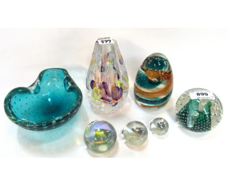 Three Caithness paperweights - Cauldron Emerald,  Rain Dance and Surprise Party, an Italian art glass dish and a set of three