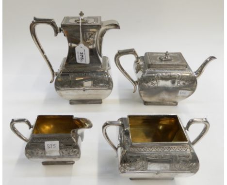 A four piece silver plated tea service of rounded rectangular form with engraved decoration and blank cartouche Condition Rep