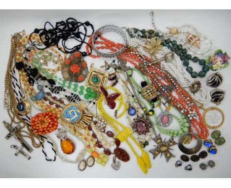 A collection of vintage costume jewellery to include, a Max Neiger yellow Egyptian necklace, a moulded glass rose necklace an