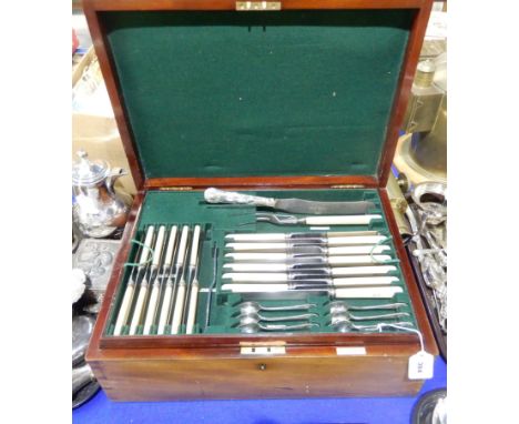 A part cutlery set in mahogany canteen by Mappin & Webb, 105 pieces approximately (missing one dinner knife, carving knife an