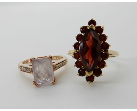 A rose quartz and diamond ring set with estimated approx 0.30cts of diamonds, size N1/2, and 9ct gold garnet cluster ring siz