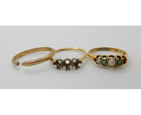 An 18ct gold emerald and pearl ring (one pearl missing) size M1/2 and an 18ct gold three stone ring shank (no stones) size P1