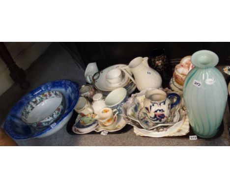 Various decorative ceramics including Royal Worcester Mansfield jug, Victorian jugs, blue and whitewash bowl, modern glass va