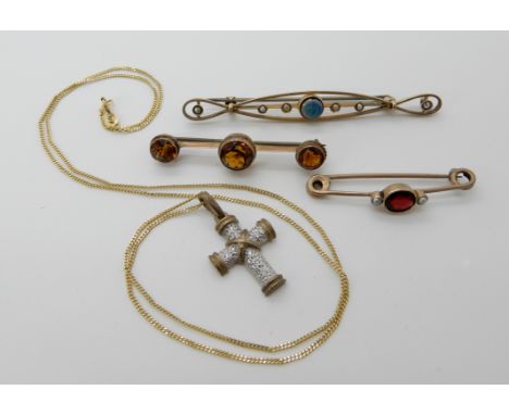 A 9ct opal doublet and pearl bar brooch length 6.5cm, a 9ct diamond set cross and chain length of pendant 2.6cm, chain 50cm a