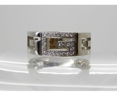 An 18ct white gold and diamond Gucci Greek key pattern ring, finger size P, weight approx 9.8gms Condition Report: Very light