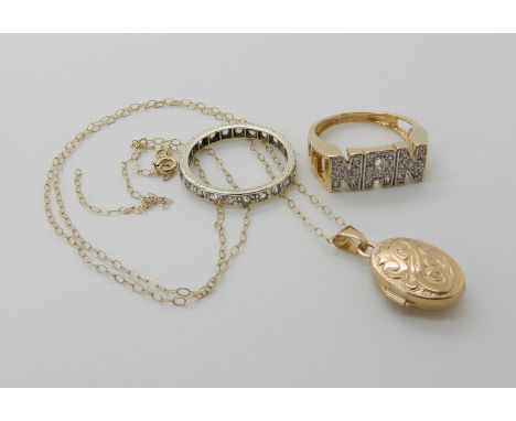 A 9ct gold 'Nan' ring set with cz, size L1/2, a white metal gem set eternity ring size M and a 9ct gold locket and chain (af)