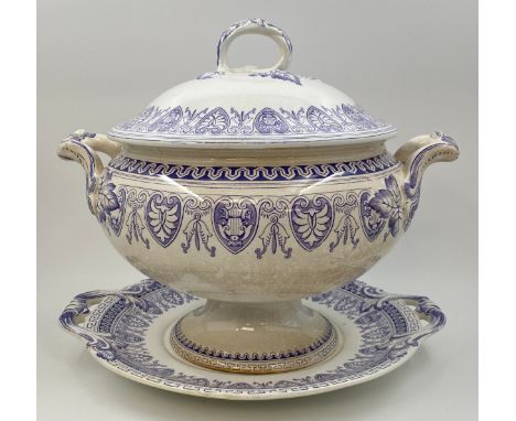 A 19th century Staffordshire Lyre pattern soup tureen, cover and stand. H.31cm