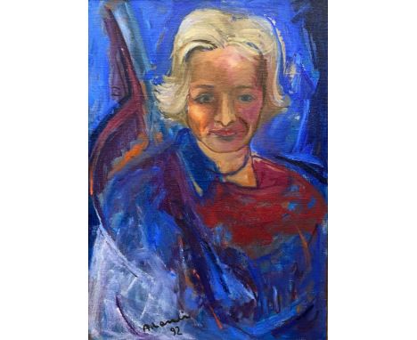Amedeo Lanci (b.1943), a signed and dated oil portrait on canvas with notes to the reverse. H.83 W.63cm