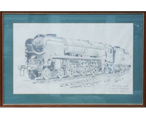 Framed and Glazed pencil sketch of Bulleid 34018 Axminster 22.5in x 15in by K Apperley 1980 , To the lecturers dept of mechan