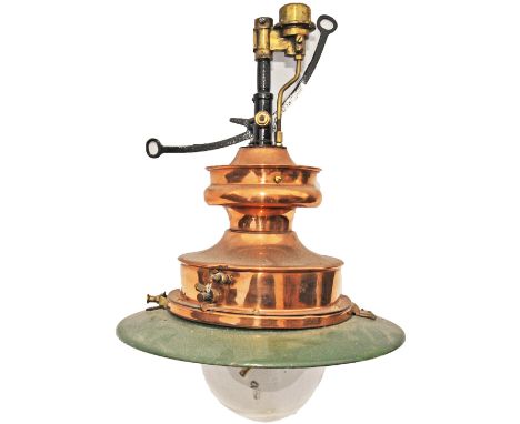 Sugg Railway Platform Lamp, copper with a green 'Mexican Hat' enamel shade. The copper surround is nicely stamped LMS. Comple