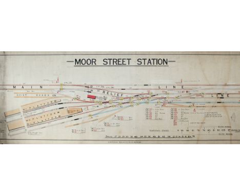 GWR hand coloured Signal Box Diagram BIRMINGHAM MOOR STREET dated 22/8/13. Some edge tears into the linen backing but overall