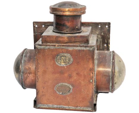 LNER all copper Ducket Lamp with a pair of lenses in opposing direction and an open aperture for the reservoir and burner. Ha