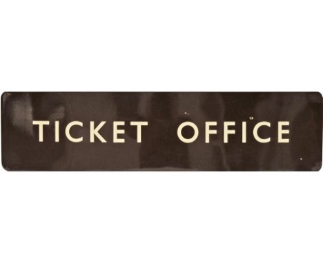 BR(W) enamel Platform Sign TICKET OFFICE, fully flanged 48 ins x 12 ins. Ex Gloucester, in good condition.