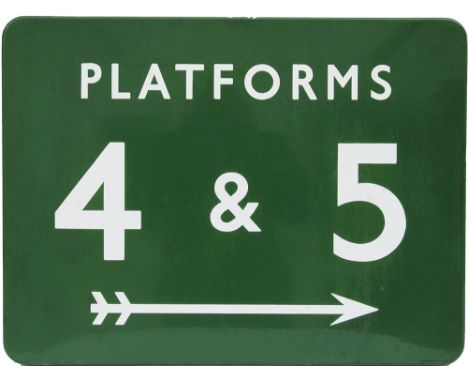 BR(S) dark green enamel Platform Sign PLATFORMS 4 & 5 with right facing feathered arrow, 24in x 18in, good condition.