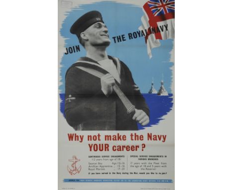 Poster 'Join the Royal Navy - Why Not make the Navy your Career', double royal size 25in by 40in. Depicts a sailor with 2 bat