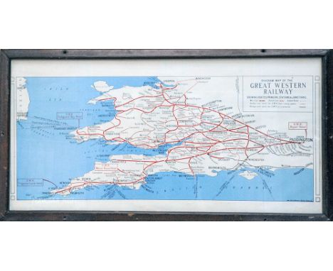 GWR Carriage Print 'Diagram Map Of The Great Western Railway Showing Routes, Principal Stations & Junctions' in original glaz