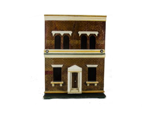 A G &amp; J Lines No 6 boxed-back Dolls' House, with brick upper and stone lower façade, central front door with porch, lion 