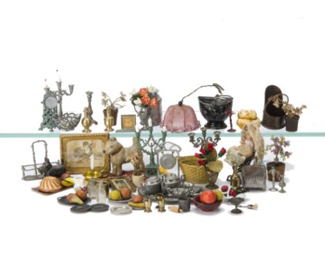  Dolls' House Chattels, French penny toy cradle, metal and glass cruet set, framed photographs of George V and Queen Mary, tr