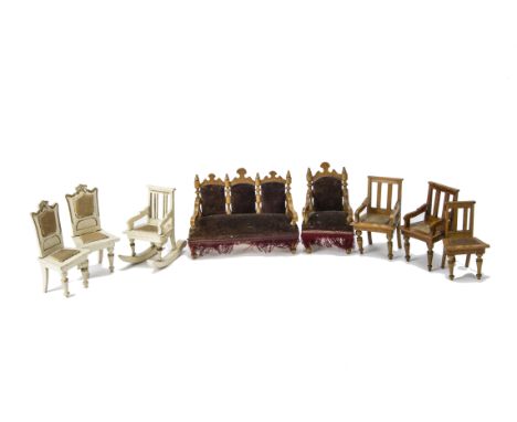 Schneegas  Dolls' House Chairs, Gothic sofa with brown velvet upholstery --5¾in. (14.5cm.) wide, similar armchair, two white 