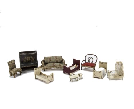 Smaller-scale  Dolls' House Furniture, three single beds, two cream and one red stained, possibly Gottschalk --3in. (7.5cm.) 